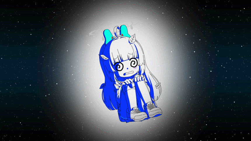 jin rey, miyu (blue archive), blue archive, animated, animated gif, 1girl, floating, halo, leaf, leaf on head, monochrome, sitting, skirt, space, spinning