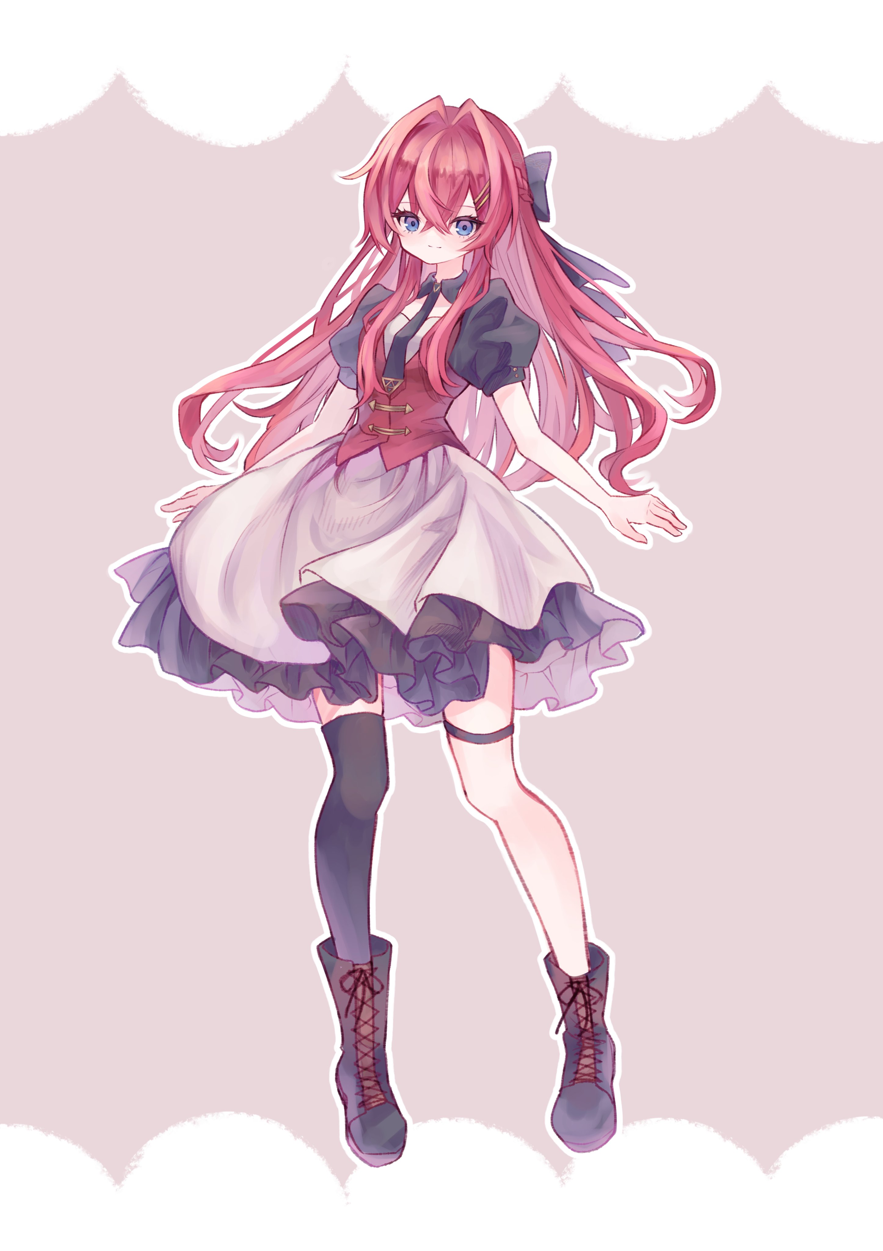 eresa, ange katrina, nijisanji, absurdres, commentary request, highres, 1girl, alternate costume, ankle boots, black boots, black bow, black dress, black necktie, black thighhighs, blue eyes, boots, bow, breasts, brown background, closed mouth, collared dress, crossed bangs, dress, eyelashes, full body, gradient eyes, hair between eyes, hair bow, hair intakes, hair ornament, hairpin, lace-up boots, layered dress, light blush, light smile, long hair, looking at viewer, multicolored eyes, multiple hairpins, necktie, outline, puffy short sleeves, puffy sleeves, purple eyes, red hair, red vest, sanbaka (nijisanji), short dress, short sleeves, single thighhigh, small breasts, solo, split mouth, standing, thigh strap, thighhighs, very long hair, vest, virtual youtuber, waistcoat, white dress, white outline