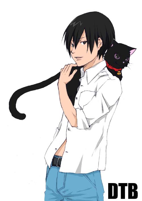hei (darker than black), mao (darker than black), darker than black, 00s, 1boy, bell, belt, black cat, black eyes, black hair, carrying, cat, collar, denim, jeans, male focus, pants, purple eyes, shirt, shoulder perch, simple background, solo, standing, text focus, white background, white shirt