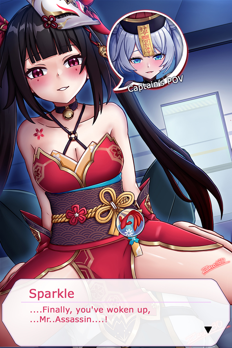 zero130, captain (honkai impact), sparkle (honkai: star rail), theresa apocalypse, honkai: star rail, honkai (series), honkai impact 3rd, highres, 1boy, 1girl, bare shoulders, black hair, black pants, blue eyes, breasts, china dress, chinese clothes, cleavage, cosplay, cowgirl position, detached sleeves, dress, grin, halloween, halloween costume, hetero, jiangshi, jiangshi costume, looking at viewer, lying, mask, mask on head, ofuda, on back, open mouth, pants, pink eyes, red dress, red sleeves, smile, straddling, theresa apocalypse (cosplay), twintails, white hair
