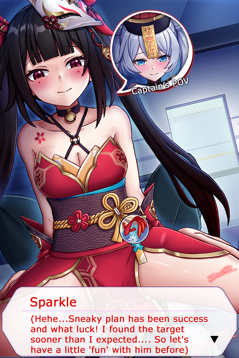 zero130, captain (honkai impact), sparkle (honkai: star rail), theresa apocalypse, honkai: star rail, honkai (series), honkai impact 3rd, highres, 1boy, 1girl, bare shoulders, black hair, black pants, blue eyes, breasts, china dress, chinese clothes, cleavage, closed mouth, cosplay, cowgirl position, detached sleeves, dress, halloween, halloween costume, hetero, jiangshi, jiangshi costume, looking at viewer, lying, mask, mask on head, ofuda, on back, open mouth, pants, pink eyes, red dress, red sleeves, smile, straddling, theresa apocalypse (cosplay), twintails, white hair