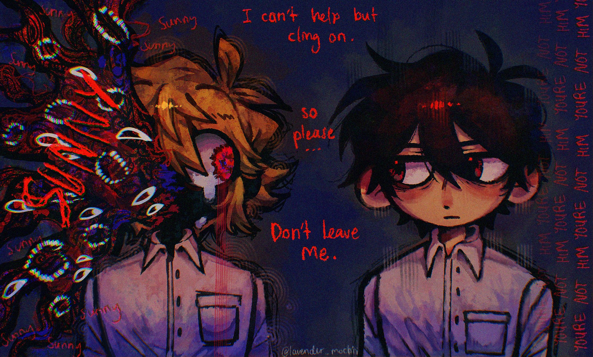 mochiilavender, basil (faraway) (omori), basil (omori), sunny (omori), hikaru ga shinda natsu, omori, highres, 2boys, alternate costume, antenna hair, black eyes, black hair, blonde hair, closed mouth, crying, crying with eyes open, english text, expressionless, long sleeves, looking at another, male focus, multiple boys, red eyes, shirt, short hair, sidelocks, tears, twitter username, white shirt