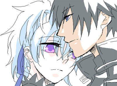 hei (darker than black), yin (darker than black), darker than black, lowres, 00s, 1boy, 1girl, black hair, grey hair, hair ribbon, ponytail, popped collar, purple eyes, purple ribbon, ribbon, white background
