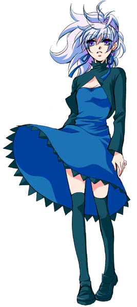 yin (darker than black), darker than black, 00s, 1girl, black shoes, dress, female focus, full body, grey hair, hair ribbon, long sleeves, ponytail, purple dress, purple eyes, purple ribbon, ribbon, shoes, simple background, solo, standing, thighhighs, white background, wind