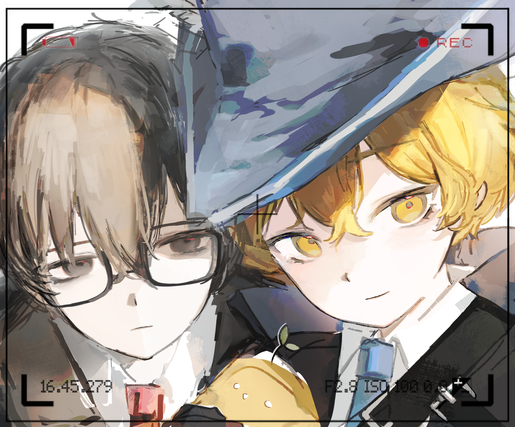 sinclair (project moon), yi sang (project moon), limbus company, project moon, chinese commentary, highres, 1boy, 2boys, 3584109288, black coat, black eyes, black hair, blonde hair, blue hair, blue necktie, cavalier hat, cinq association south uniform, close-up, coat, collared shirt, glasses, hat, hat feather, looking at viewer, male focus, multiple boys, necktie, recording, red necktie, shirt, short hair, viewfinder, yellow eyes
