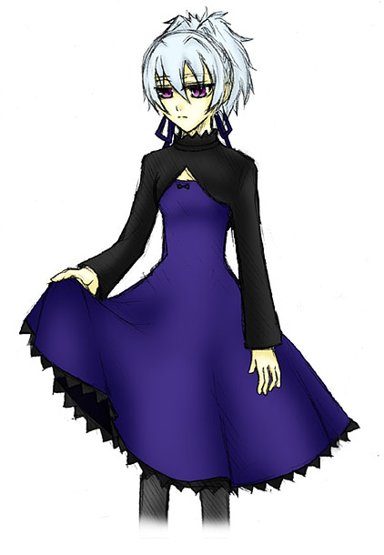yin (darker than black), darker than black, 00s, 1girl, dress, female focus, grey hair, hair ribbon, long sleeves, maroon eyes, ponytail, purple dress, purple ribbon, ribbon, simple background, solo, standing, white background