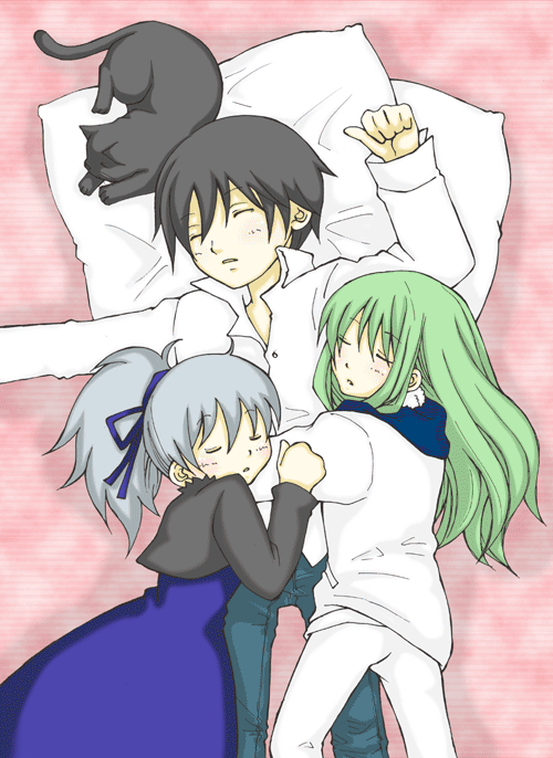 amber (darker than black), hei (darker than black), mao (darker than black), yin (darker than black), darker than black, 00s, 1boy, 2girls, bed, black cat, blush, cat, cuddling, group hug, hug, multiple girls, pillow, sleeping