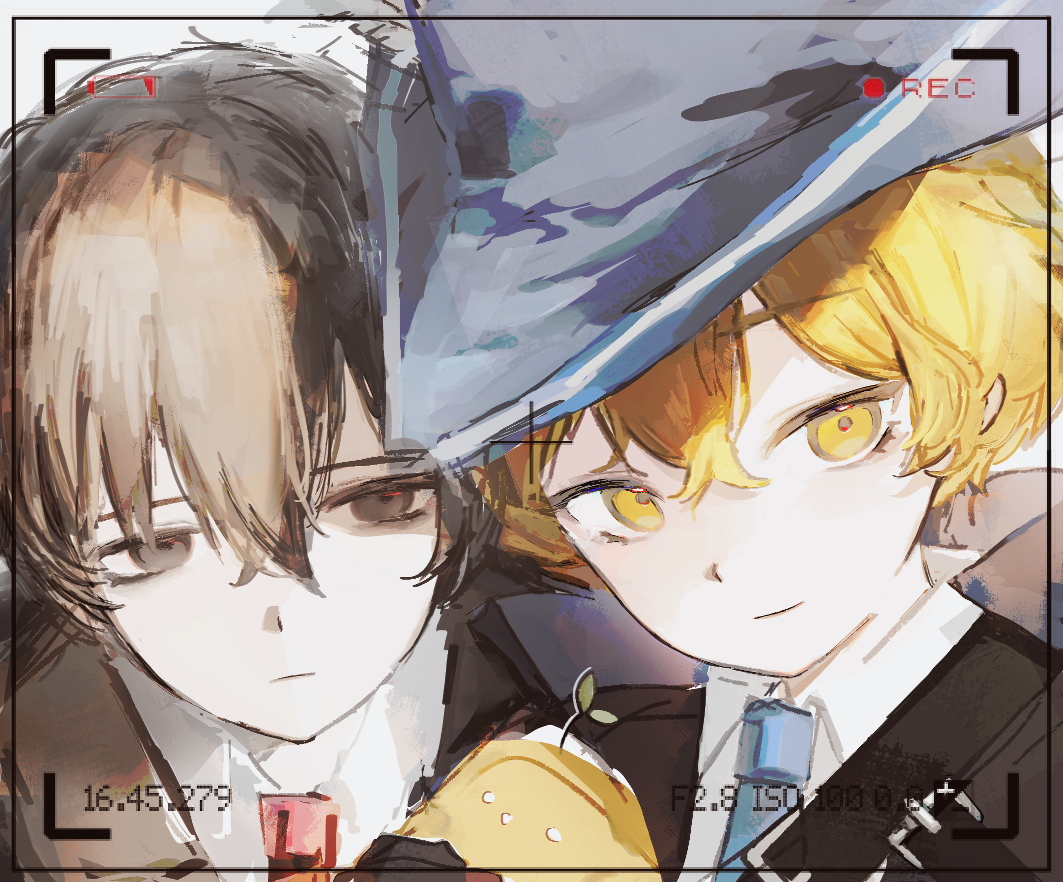sinclair (project moon), yi sang (project moon), limbus company, project moon, chinese commentary, highres, 1boy, 2boys, 3584109288, black coat, black eyes, black hair, blonde hair, blue hair, blue necktie, cavalier hat, cinq association south uniform, close-up, coat, collared shirt, hat, hat feather, looking at viewer, male focus, multiple boys, necktie, recording, red necktie, shirt, short hair, viewfinder, yellow eyes