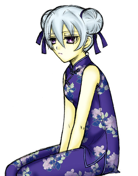 yin (darker than black), darker than black, silver hair, tagme, 00s, alternate hairstyle, chinese clothes, double bun, purple eyes