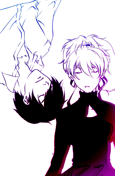 hei (darker than black), yin (darker than black), darker than black, tagme, 00s, 1boy, 1girl, monochrome, simple background, sketch