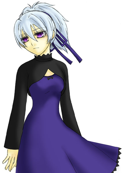 yin (darker than black), darker than black, 00s, 1girl, dress, female focus, grey hair, hair ribbon, long sleeves, ponytail, purple dress, purple eyes, purple ribbon, ribbon, simple background, solo, standing, white background