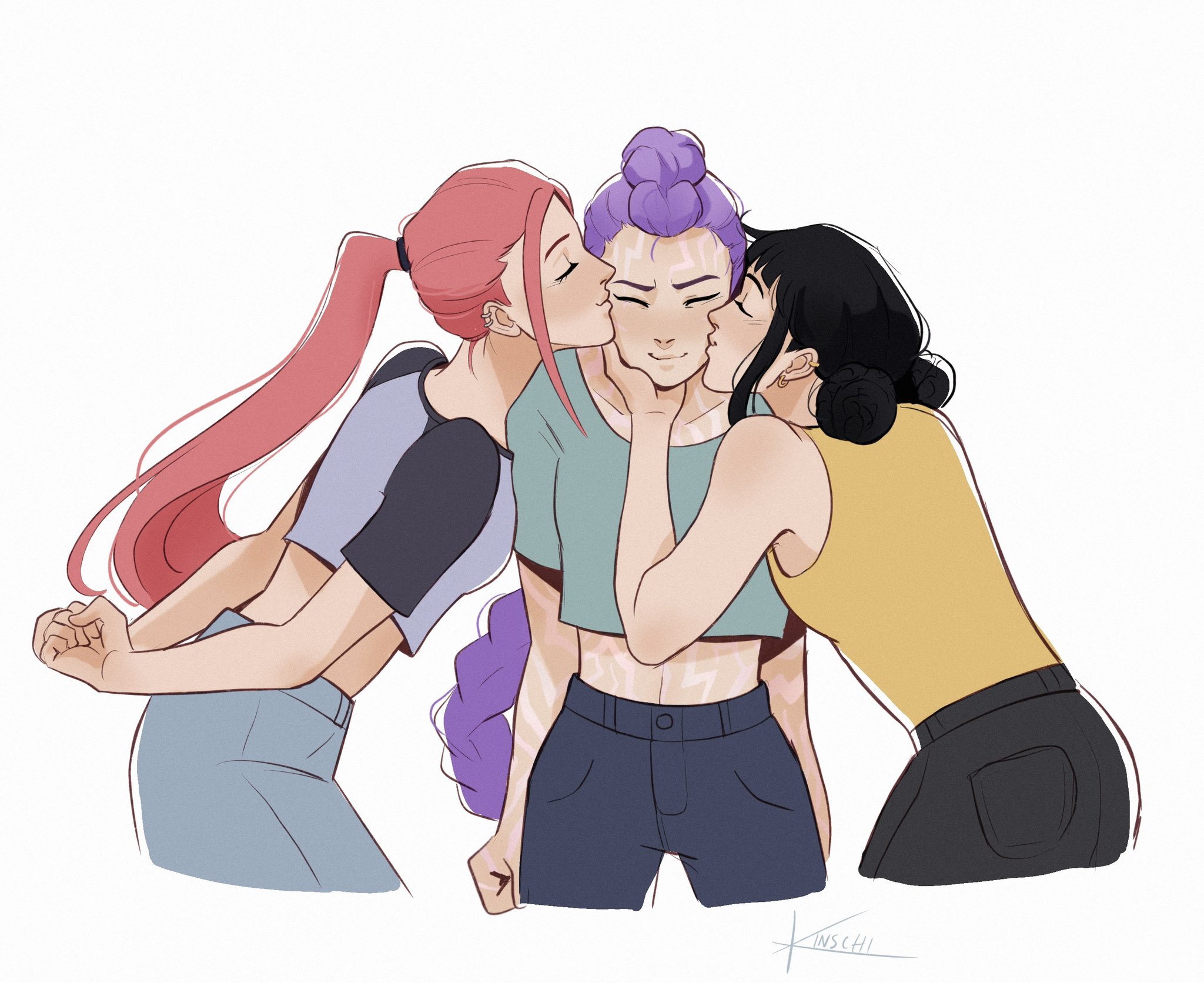kinschi, mira (kpop demon hunters), rumi (kpop demon hunters), zoey (kpop demon hunters), kpop demon hunters, commentary, english commentary, highres, 3girls, ^ ^, black hair, body markings, closed eyes, crop top, double bun, dutch braided ponytail, hair bun, kiss, kissing cheek, multiple girls, pink hair, ponytail, purple hair, sidelocks, signature, simple background, smile, white background, yuri