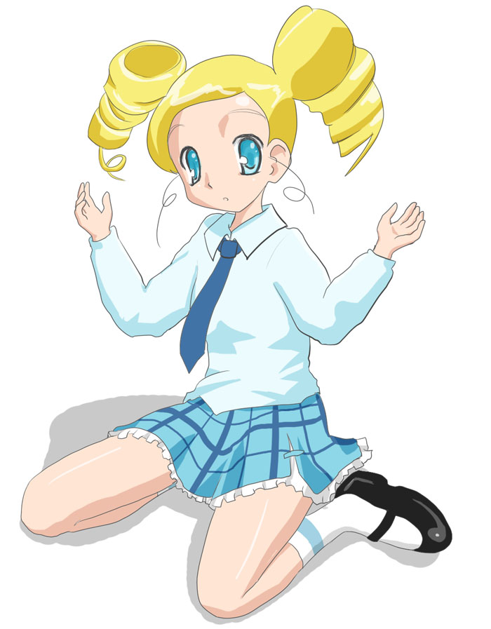 goutokuji miyako, cartoon network, powerpuff girls, powerpuff girls z, black footwear, artist request, 00s, 1girl, blonde hair, blue eyes, blue necktie, blue shirt, blue skirt, drill hair, long hair, long sleeves, looking at viewer, mary janes, necktie, open mouth, plaid clothes, plaid skirt, school uniform, shirt, shoes, sitting, skirt, socks, twin drills, twintails, white background, white socks
