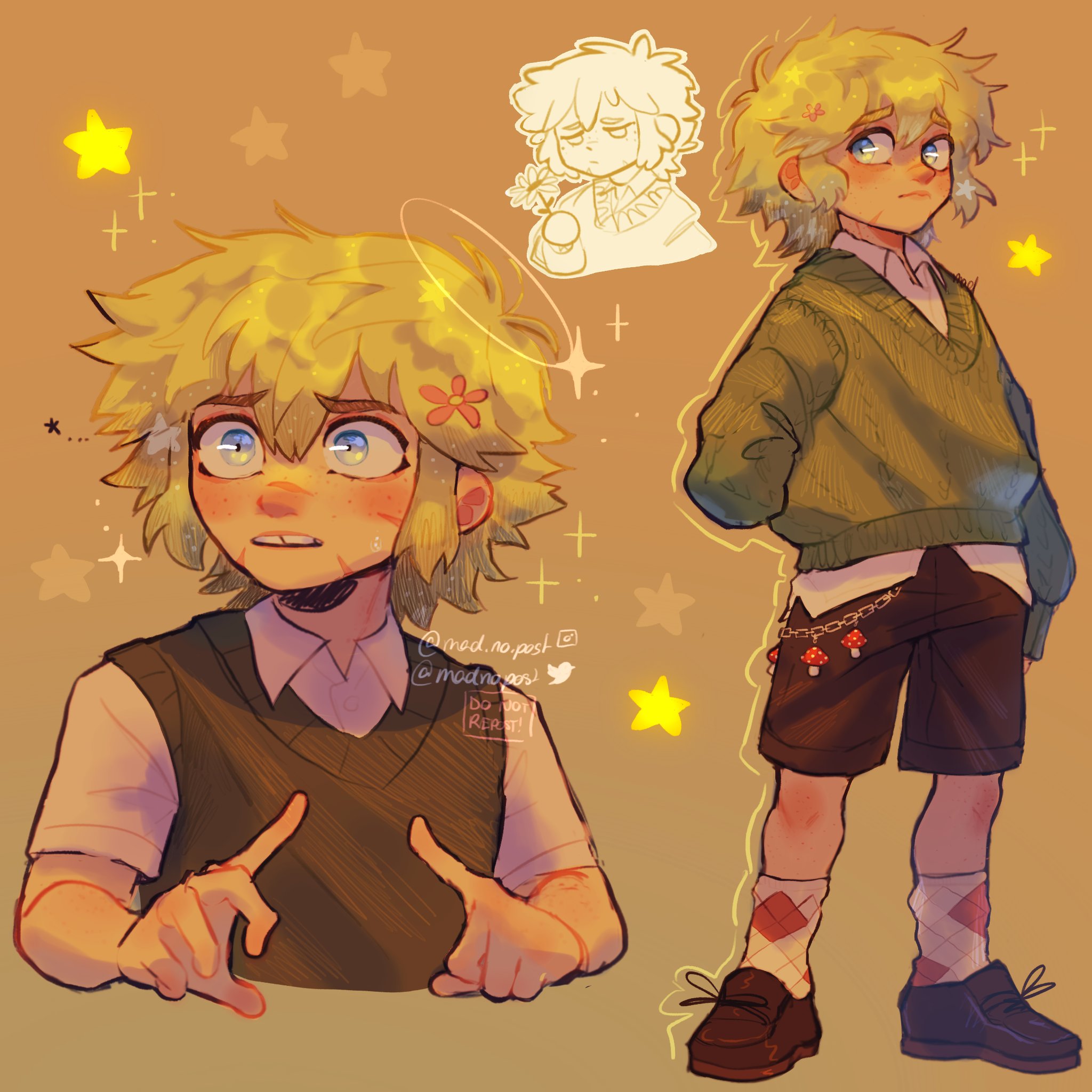 madnopost, basil (faraway) (omori), basil (omori), omori, highres, 1boy, alternate costume, argyle clothes, argyle socks, blonde hair, blue eyes, brown shoes, brown shorts, closed mouth, collared shirt, double-parted bangs, flower, green sweater, green sweater vest, hair flower, hair ornament, holding, holding flower, loafers, looking at viewer, male focus, parted lips, scar, scar on face, shirt, shirt under sweater, shoes, short sleeves, shorts, socks, solo, sweater, sweater vest, white shirt