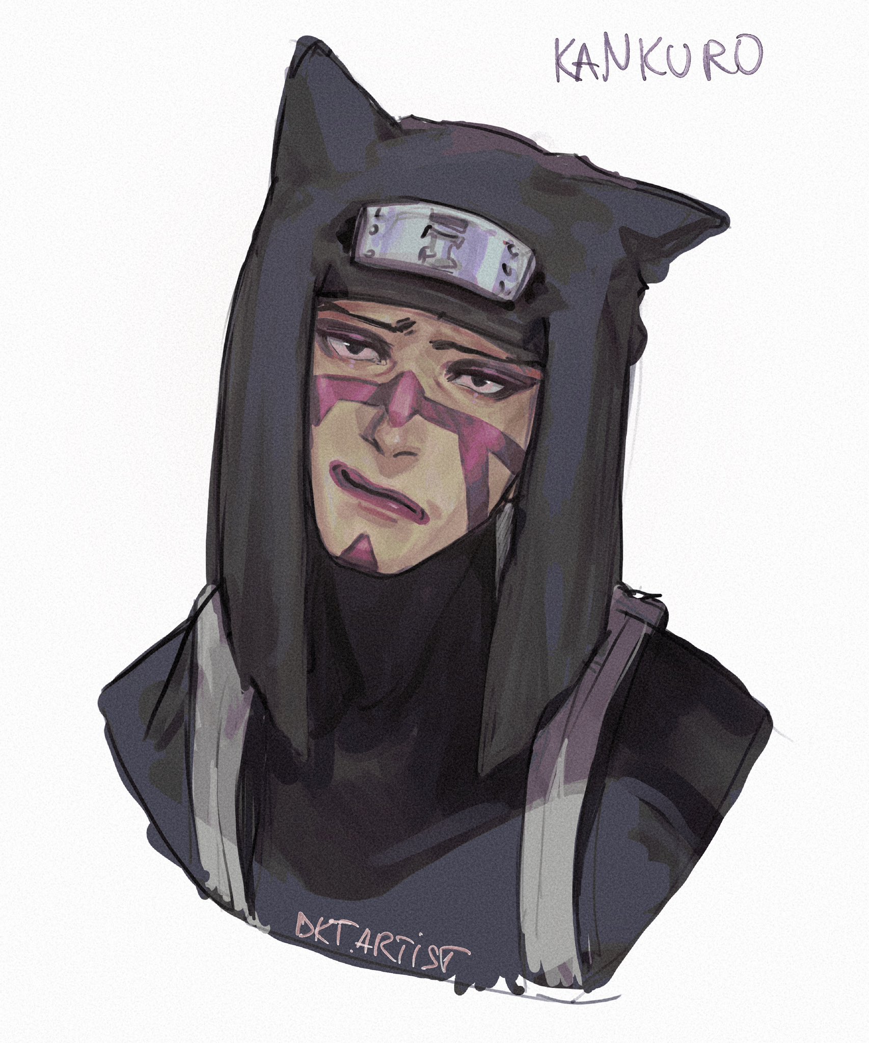 artistdkt, kankurou (naruto), naruto (series), commentary, highres, 1boy, artist name, black eyes, character name, forehead protector, looking at viewer, male focus, simple background, solo, straight-on, sunagakure symbol, upper body, white background