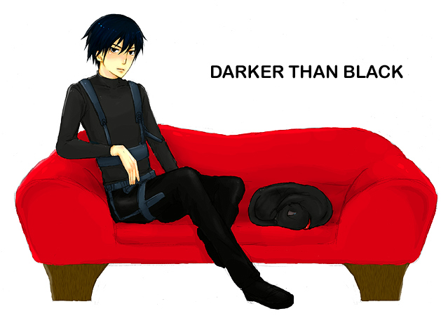 hei (darker than black), mao (darker than black), darker than black, 00s, 1boy, animal, belt, black cat, black eyes, black hair, black pants, black shirt, cat, collar, couch, male focus, pants, red upholstery, shirt, simple background, sitting, sleeping, solo, text focus, white background