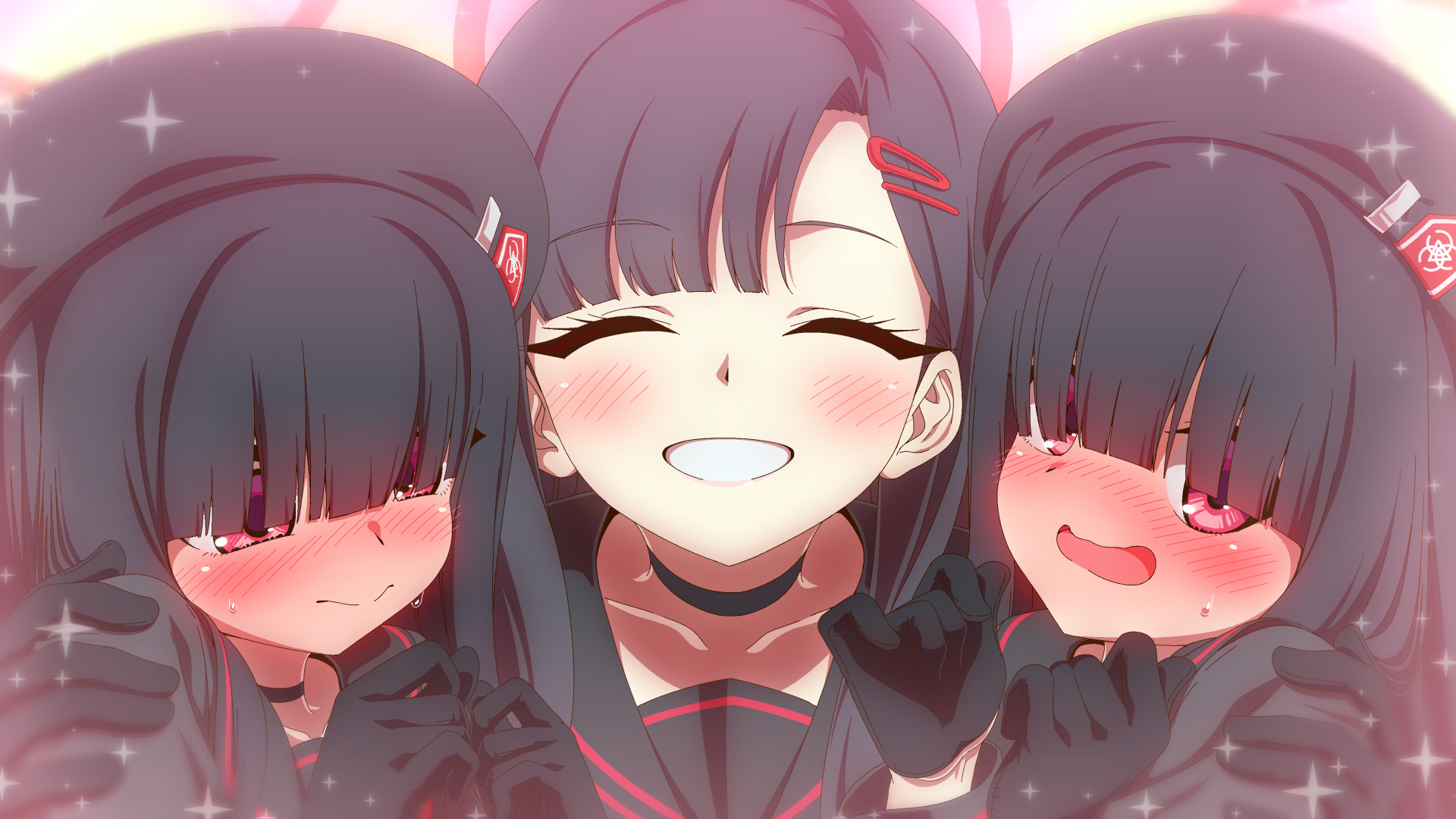 jin rey, ichika (blue archive), justice task force member (blue archive), blue archive, highres, 3girls, beret, black gloves, blush, closed eyes, gloves, hair between eyes, hair ornament, hairpin, halo, hat, hug, jewelry, multiple girls, necklace, open mouth, smile, sweat