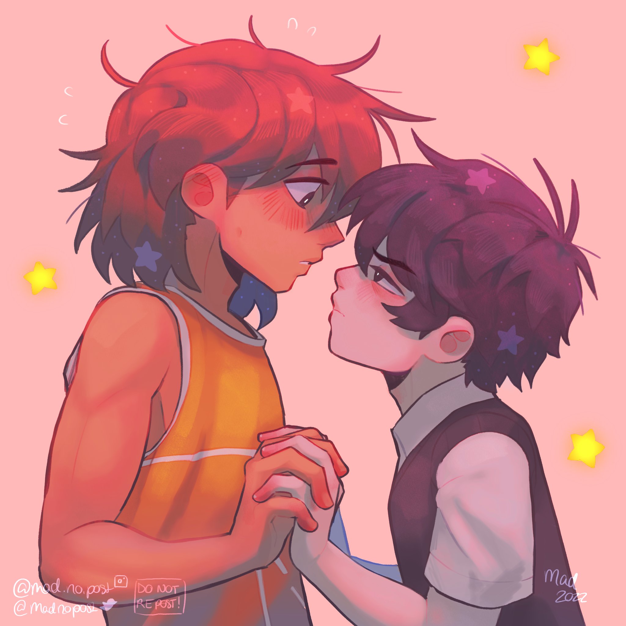 madnopost, kel (faraway) (omori), kel (omori), sunny (omori), omori, highres, 2022, 2boys, black sweater vest, bright pupils, brown eyes, brown hair, closed mouth, collared shirt, dark-skinned male, dark skin, flying sweatdrops, height difference, holding hands, looking at another, male focus, messy hair, multiple boys, shirt, short hair, short sleeves, star (symbol), sweater vest, white pupils, white shirt, yaoi