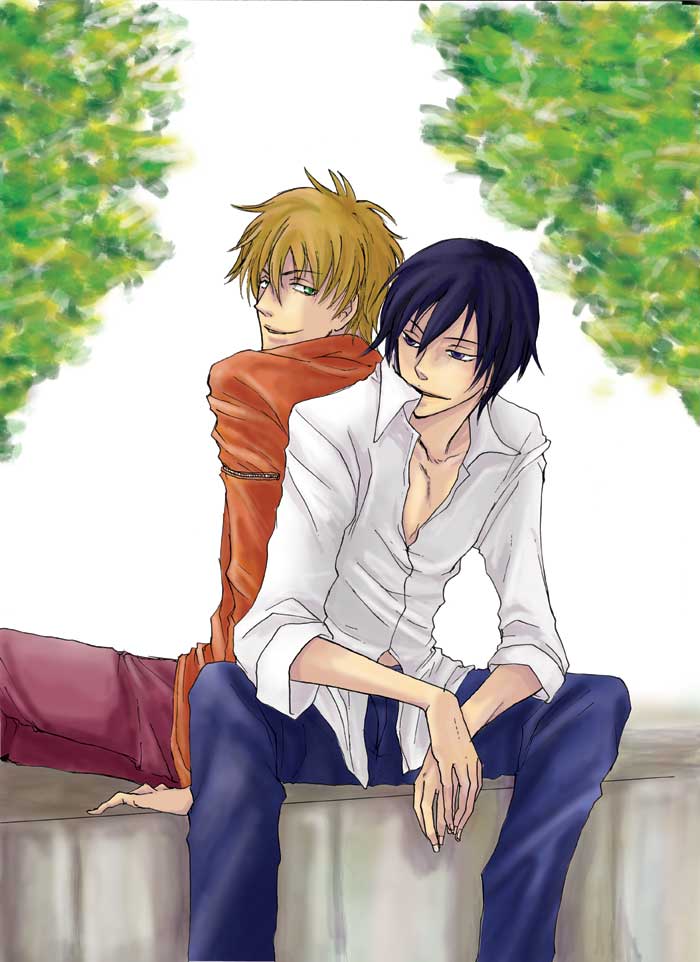 hei (darker than black), november 11 (darker than black), darker than black, 00s, 2boys, back-to-back, black eyes, black hair, blonde hair, denim, green eyes, jeans, male focus, multiple boys, orange shirt, pants, shirt, sitting, white shirt