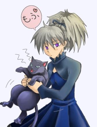 mao (darker than black), yin (darker than black), darker than black, lowres, 00s, 1girl, animal, black cat, cat, dress, female focus, hair ribbon, heart, holding, long sleeves, ponytail, purple eyes, ribbon
