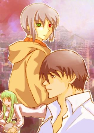 amber (darker than black), hei (darker than black), maki (darker than black), darker than black, lowres, 00s, 1girl, 2boys, black hair, bodysuit, green hair, heterochromia, hood, hoodie, multiple boys, orange eyes, shirt, white shirt