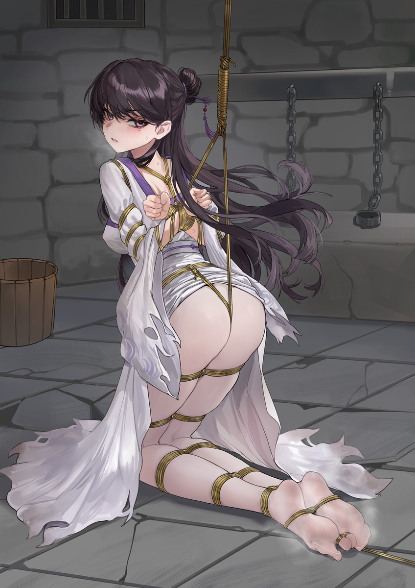 shiina taki, bang dream!, artist request, angry, arms behind back, bdsm, bondage, bound, bound arms, bound feet, bound legs, bound toes, bound wrists, cell, crotch rope, feet, indoors, kneeling, long hair, mygo!!!!! (bang dream!), predicament bondage, prison, purple eyes, purple hair, restrained, rope, shibari, shibari over clothes, socks, soles, stone floor, suspension, sweat, sweatdrop, thighhighs, toes