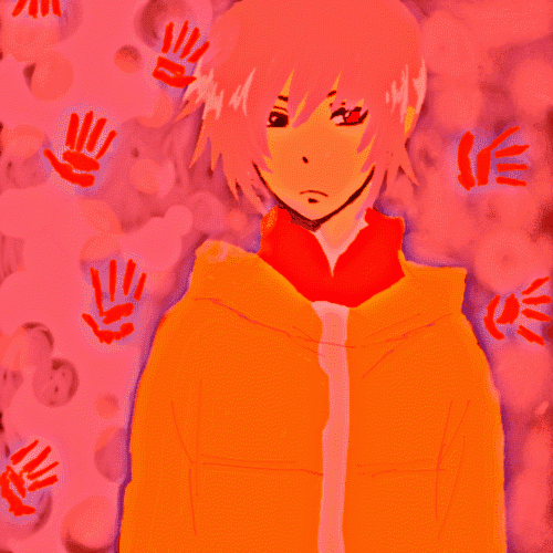 maki (darker than black), darker than black, lowres, 00s, 1boy, handprint, heterochromia, hood, hoodie, male focus, solo