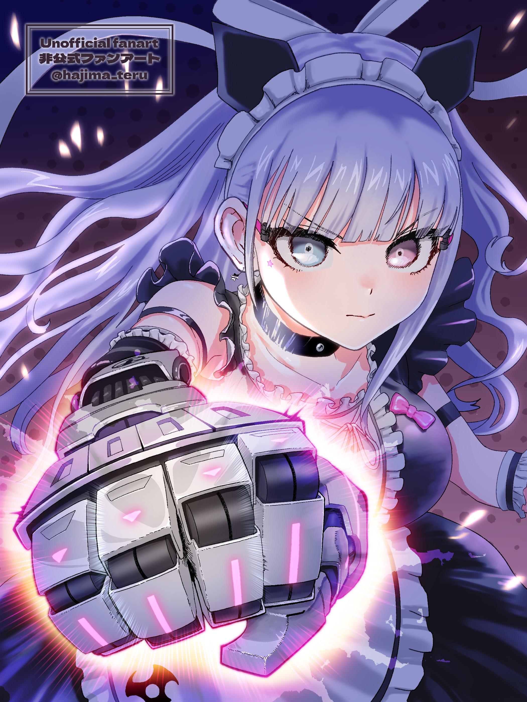 hajima teru, akiba hinagiku, tribe nine, absurdres, commentary request, highres, 1girl, apron, black choker, black dress, choker, determined, dress, earrings, glowing, gradient background, grey eyes, grey hair, heterochromia, jewelry, long hair, maid, maid apron, maid headdress, pink eyes, power fist, solo, twitter username, v-shaped eyebrows