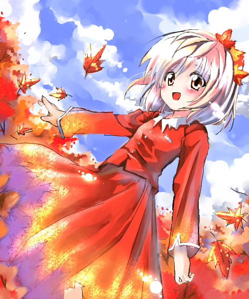 sho (runatic moon), aki shizuha, touhou, 1girl, autumn, blonde hair, dress, female focus, hair ornament, leaf, leaf hair ornament, oekaki, red dress, short hair, smile, solo, yellow eyes