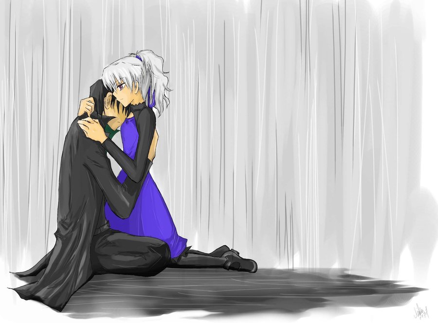 hei (darker than black), yin (darker than black), darker than black, silver hair, 00s, 1boy, 1girl, black hair, black pantyhose, blue dress, comforting, couple, dress, from side, head down, hetero, hug, loafers, long sleeves, pantyhose, ponytail, rain, sad, shoes, short hair, sitting, water