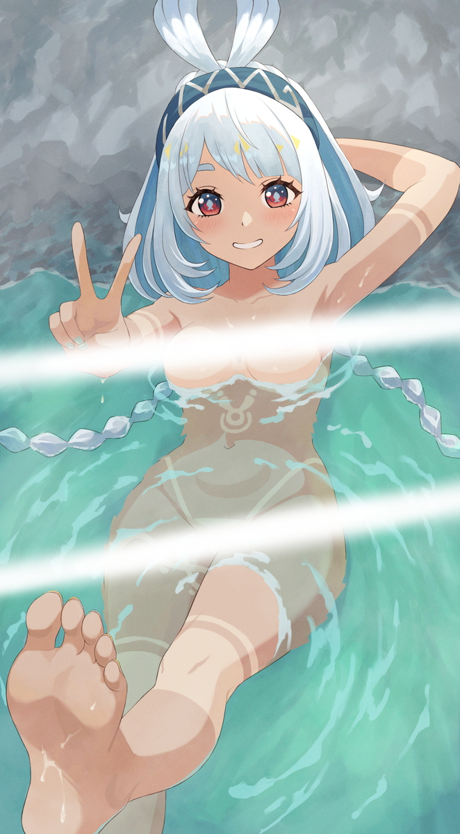 botan m, mualani (genshin impact), genshin impact, highres, 1girl, armpits, blue hair, blue hairband, blush, breasts, completely nude, feet, female focus, fish-shaped pupils, hairband, light censor, long hair, looking at viewer, medium breasts, navel, nude, onsen, orange eyes, partially submerged, sitting, smile, soles, solo, toes, v, water