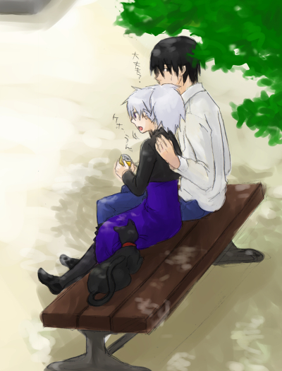 hei (darker than black), yin (darker than black), darker than black, tagme, 00s, bench, can, cat, couple, embarrassed, hug, shy, sitting, tree