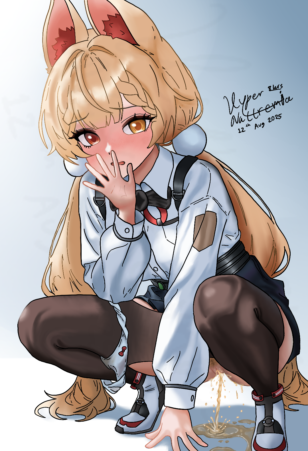 alice thymefield, zenless zone zero, artist request, highres, 1girl, 2025, animal ear fluff, artist name, black pantyhose, blonde hair, blush, clothes pull, dated, embarrassed, female focus, female pubic hair, heterochromia, long hair, looking at viewer, open mouth, pantyhose, pantyhose pull, pee, peeing, pubic hair, pussy, rabbit ears, rabbit girl, red eyes, shadow, solo, squatting, twintails, yellow eyes