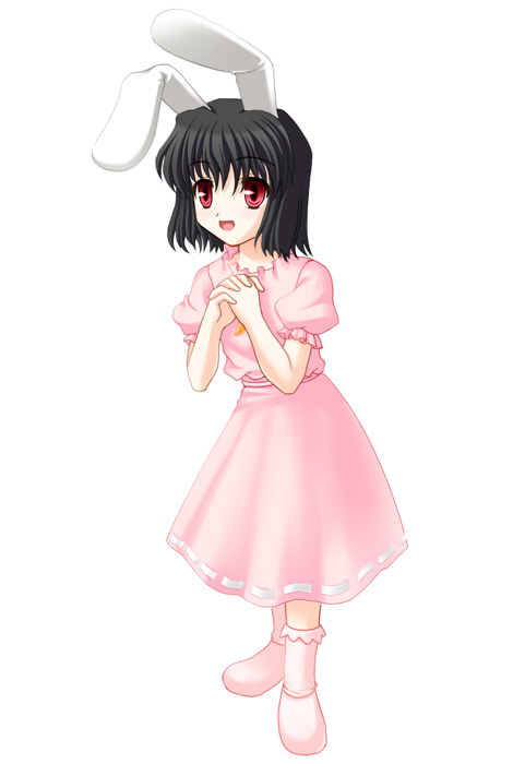 inaba tewi, touhou, 1girl, animal ears, black hair, dress, female focus, open mouth, pink dress, rabbit ears, short hair, simple background, smile, solo