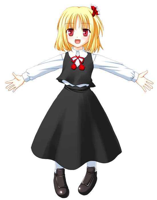 rumia, embodiment of scarlet devil, touhou, 1girl, blonde hair, female focus, full body, outstretched arms, red eyes, ribbon, short hair, simple background, skirt, solo, spread arms, white background