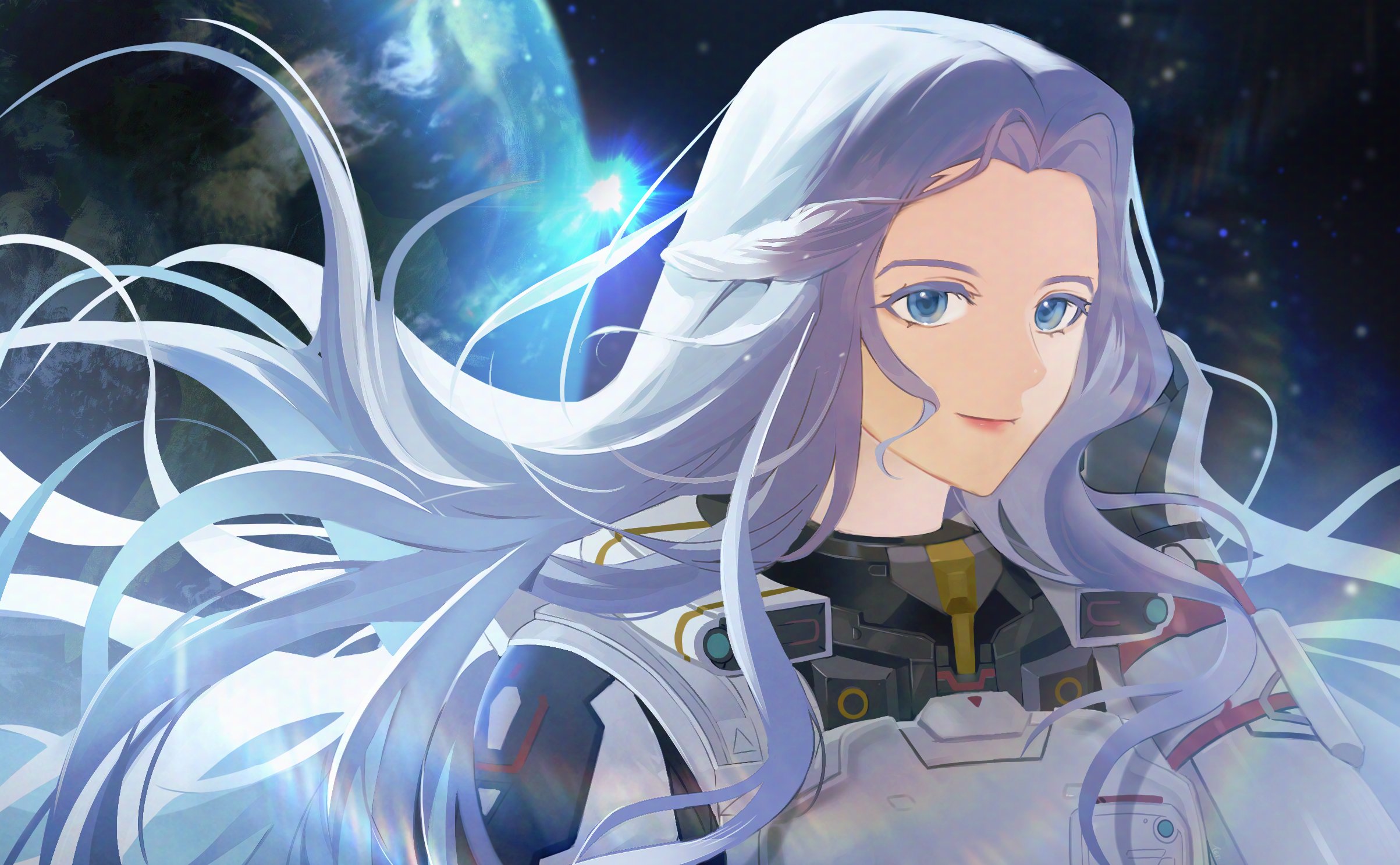 venat (ff14), final fantasy, final fantasy xiv, highres, 1girl, alternate costume, blue eyes, braid, dotori menu, earth (planet), floating hair, half up braid, long hair, looking at viewer, planet, portrait, sky, smile, solo, space, spacesuit, star (sky), starry sky, white hair