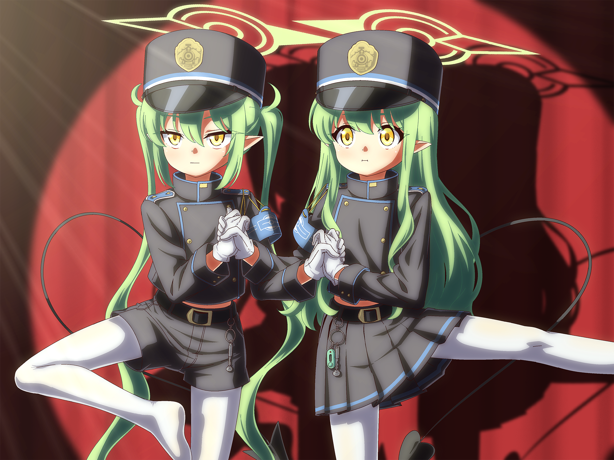 jin rey, hikari (blue archive), nozomi (blue archive), blue archive, highres, 2girls, expressionless, green hair, halo, holding hands, multiple girls, pantyhose, pointy ears, red background, shorts, siblings, sisters, skirt, tail, twintails, white pantyhose