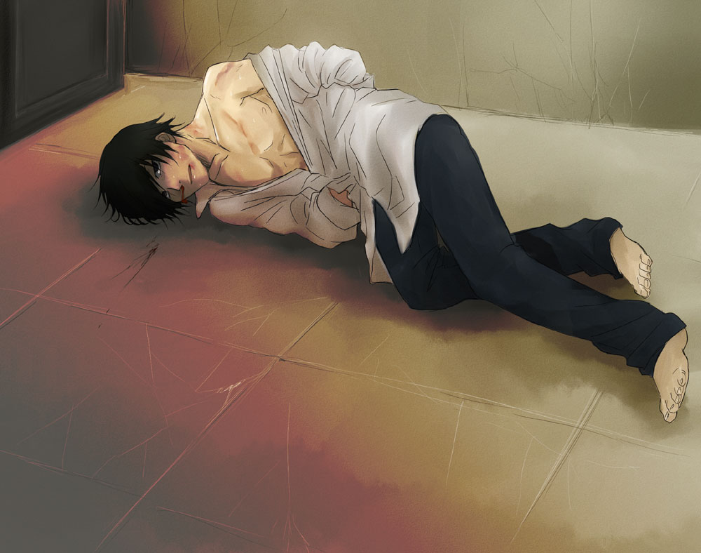 hei (darker than black), darker than black, 00s, 1boy, arms behind back, bare shoulders, barefoot, bdsm, black eyes, black hair, blood, bondage, bound, bound wrists, bruise, collarbone, denim, feet, injury, jeans, lying, male focus, nosebleed, on floor, on side, open collar, pants, pectorals, restrained, shirt, solo, sweat, white shirt