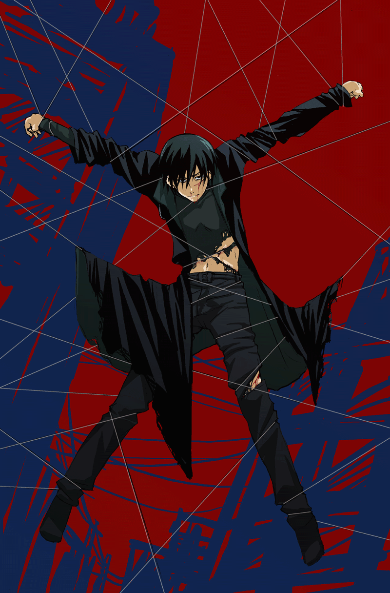 hei (darker than black), darker than black, highres, 00s, 1boy, bdsm, black hair, bondage, bound, coat, male focus, solo, suspension, torn clothes, trench coat, wire