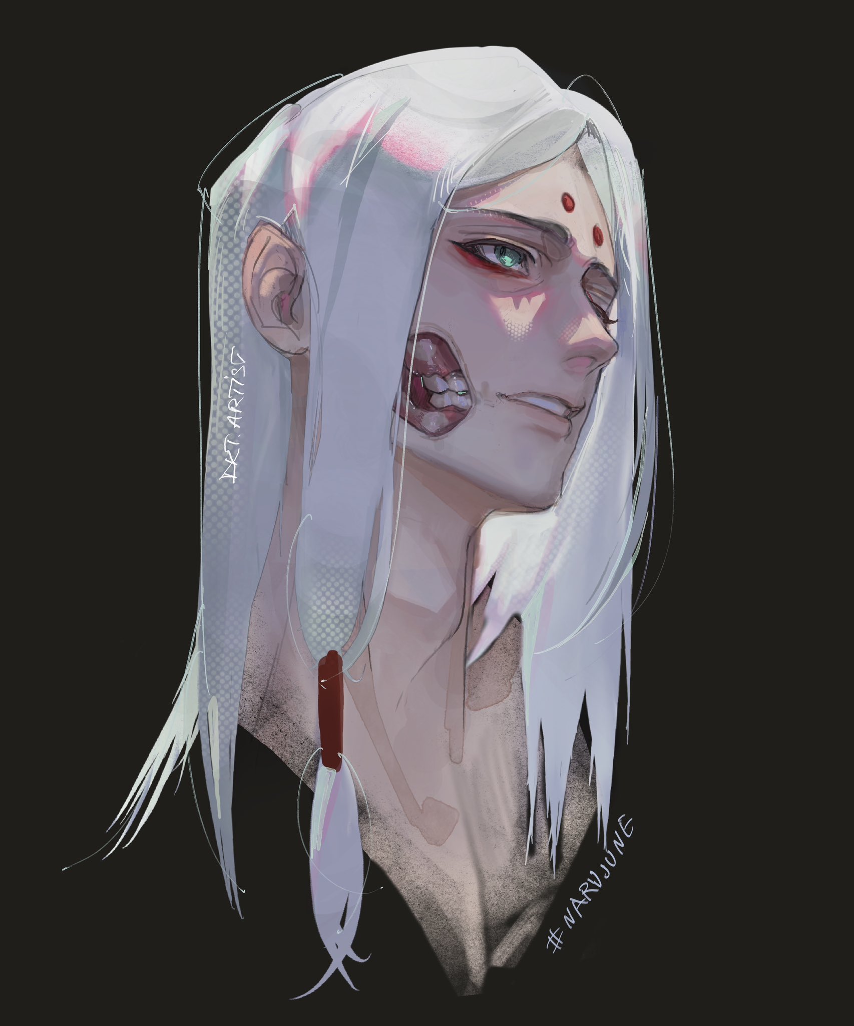 artistdkt, kaguya kimimaro, naruto (series), commentary, english commentary, highres, 1boy, adam's apple, artist name, black background, closed mouth, eyeliner, green eyes, hashtag, lips, long hair, makeup, male focus, nose, red eyeliner, simple background, solo, white hair