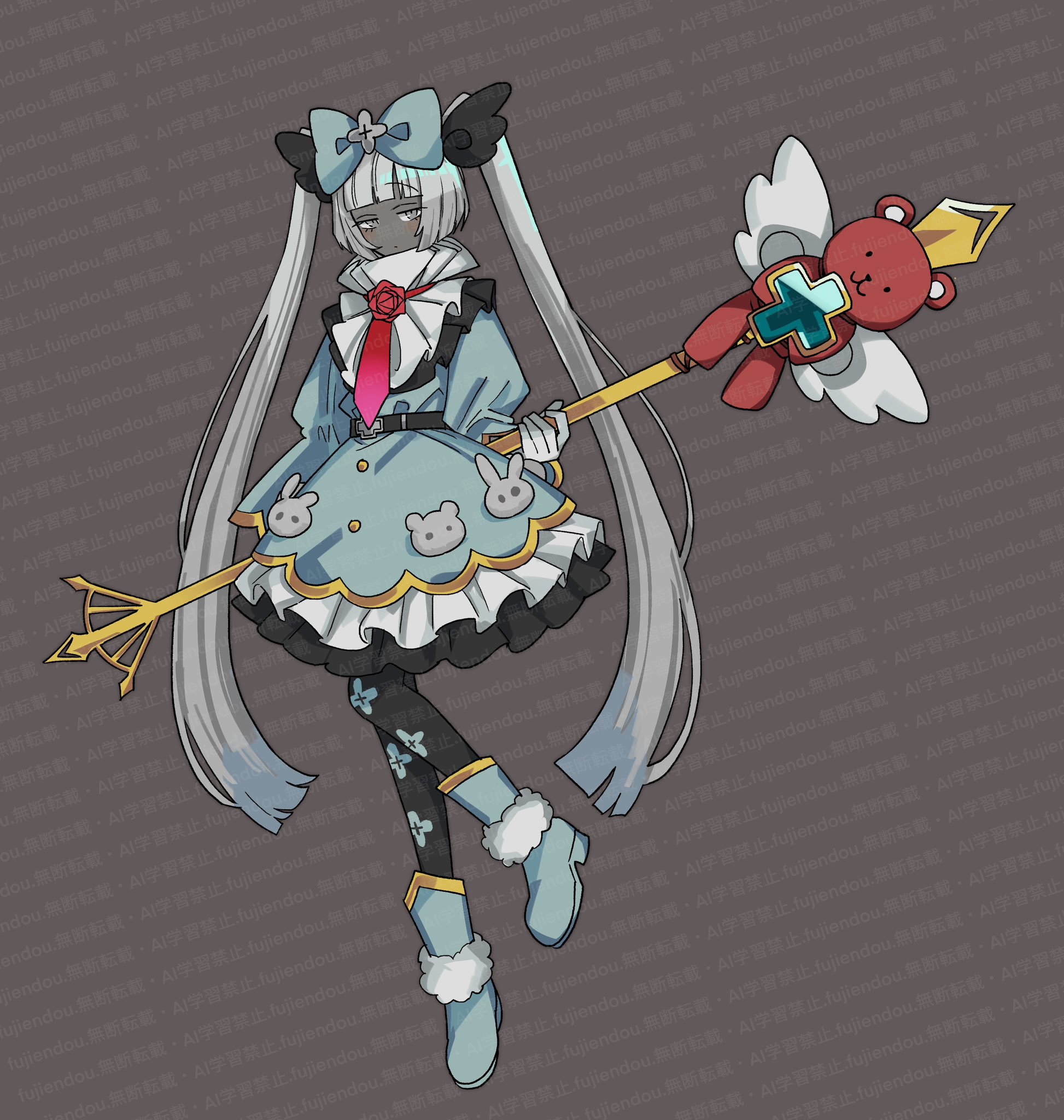 fujiendou, charon (project moon), limbus company, project moon, highres, 1girl, alternate costume, black pantyhose, blue bow, blue dress, blue shoes, blunt bangs, bow, dark-skinned female, dark skin, dress, flower, full body, gloves, grey background, grey eyes, holding, holding staff, long hair, looking at viewer, magical girl, necktie, pantyhose, red flower, red necktie, red rose, rose, shoes, simple background, solo, staff, standing, twintails, very long hair, white gloves, white hair