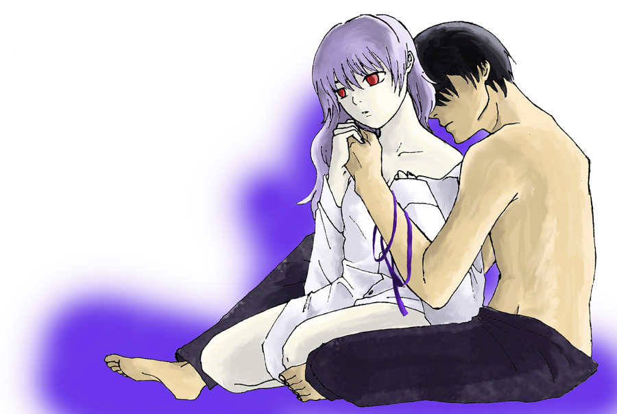 hei (darker than black), yin (darker than black), darker than black, 00s, 1boy, 1girl, barefoot, black hair, comforting, couple, grey hair, hair down, red eyes, ribbon, sad, shirt, sitting, topless female, white shirt