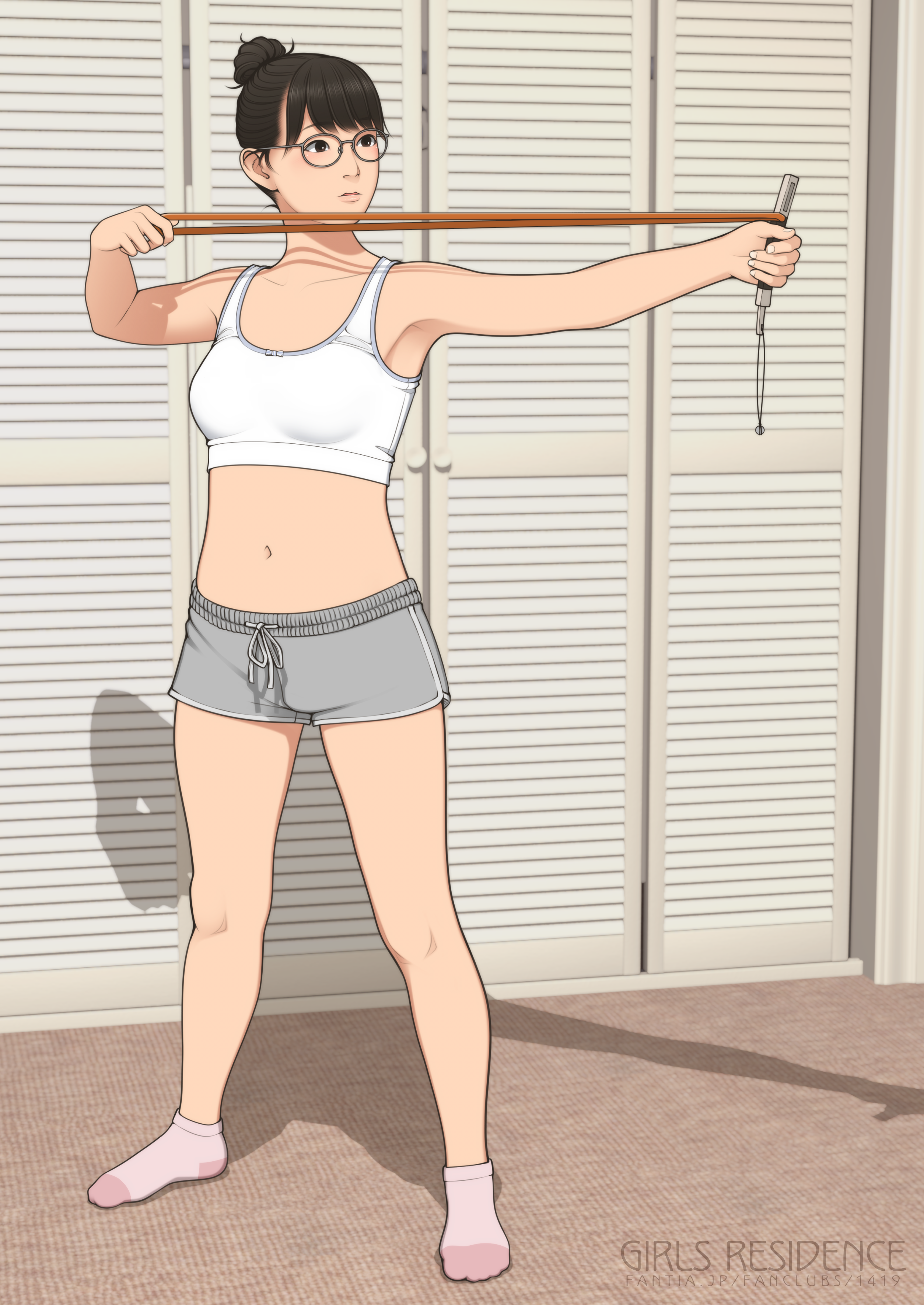 shinchou ni kansuru kousatsu, original, absurdres, commentary request, highres, 1girl, asian, black hair, breasts, brown eyes, dolphin shorts, full body, glasses, grey shorts, hair bun, navel, pink socks, rubber band, shadow, shorts, single hair bun, small breasts, socks, solo, sports bra, watermark, white sports bra