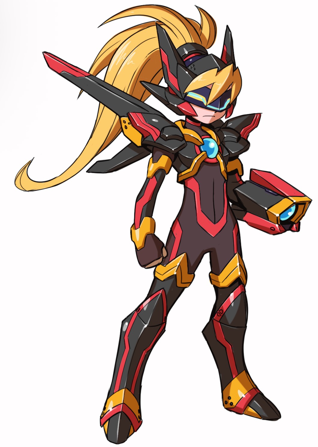 tomycase, ciel (mega man), b-densetsu! battle b-daman, mega man (series), mega man zero (series), mega man zx, commission, commissioner upload, highres, non-web source, 1girl, alternate costume, arm cannon, armor, armored boots, biometal, blonde hair, body armor, bodystocking, boots, breasts, chest jewel, chrome raven, full body, gauntlets, gloves, helmet, jetpack, knee pads, light frown, long bangs, long hair, mechanical ears, mechanical wings, petite, ponytail, shoulder armor, shoulder pads, small breasts, thigh boots, weapon, white background, wings