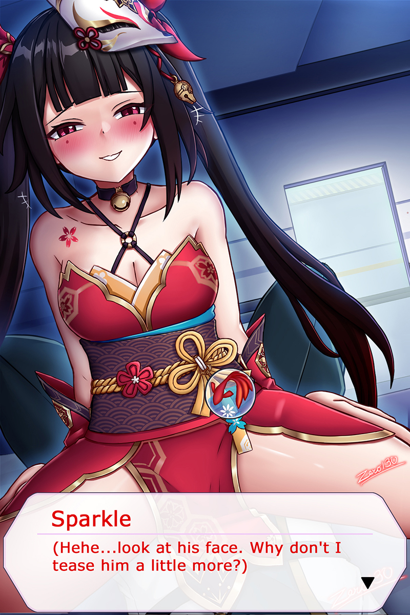 zero130, captain (honkai impact), sparkle (honkai: star rail), honkai: star rail, honkai (series), honkai impact 3rd, highres, 1boy, 1girl, bare shoulders, black hair, black pants, breasts, china dress, chinese clothes, cleavage, closed mouth, cosplay, cowgirl position, detached sleeves, dress, grin, halloween, hetero, looking at viewer, lying, mask, mask on head, on back, open mouth, pants, pink eyes, red dress, red sleeves, smile, straddling, teeth, twintails