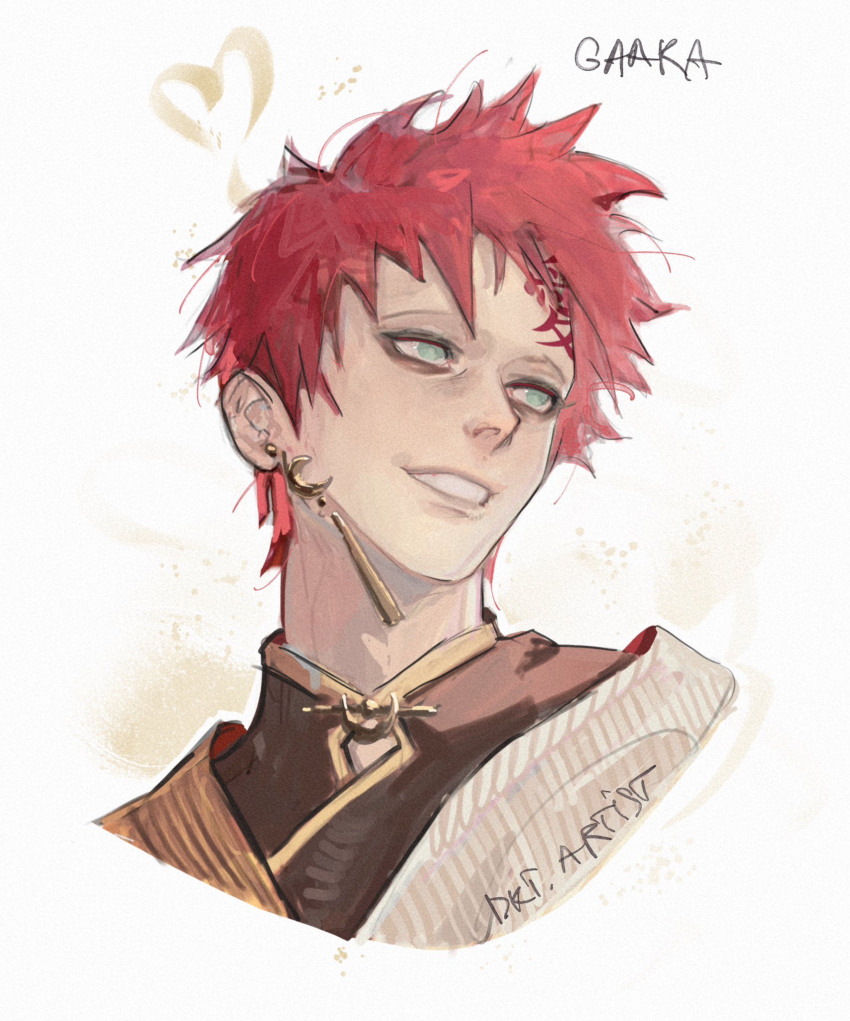 artistdkt, gaara (naruto), naruto (series), highres, 1boy, alternate costume, artist name, character name, earrings, forehead tattoo, geokinesis, green eyes, grin, heart, jewelry, kanji tattoo, male focus, red hair, sand, short hair, smile, solo, tattoo, upper body