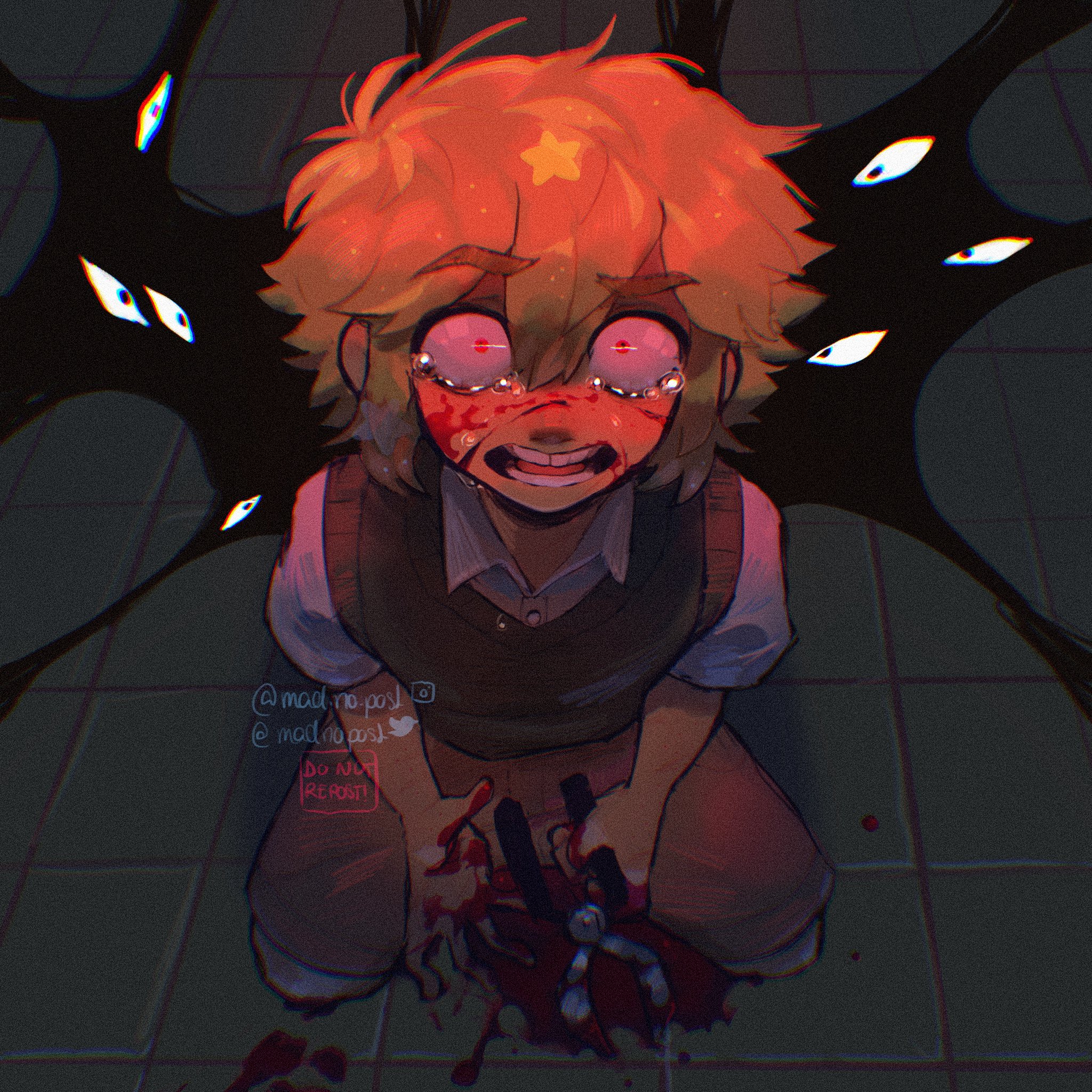 madnopost, basil (faraway) (omori), basil (omori), something (omori), omori, highres, 1boy, antenna hair, blonde hair, blood, blood on face, blood on hands, brown shorts, collared shirt, crying, crying with eyes open, double-parted bangs, green sweater vest, looking at viewer, male focus, open mouth, red eyes, shirt, short hair, short sleeves, shorts, solo, sweater vest, tears, teeth, thick eyebrows, tongue, white shirt