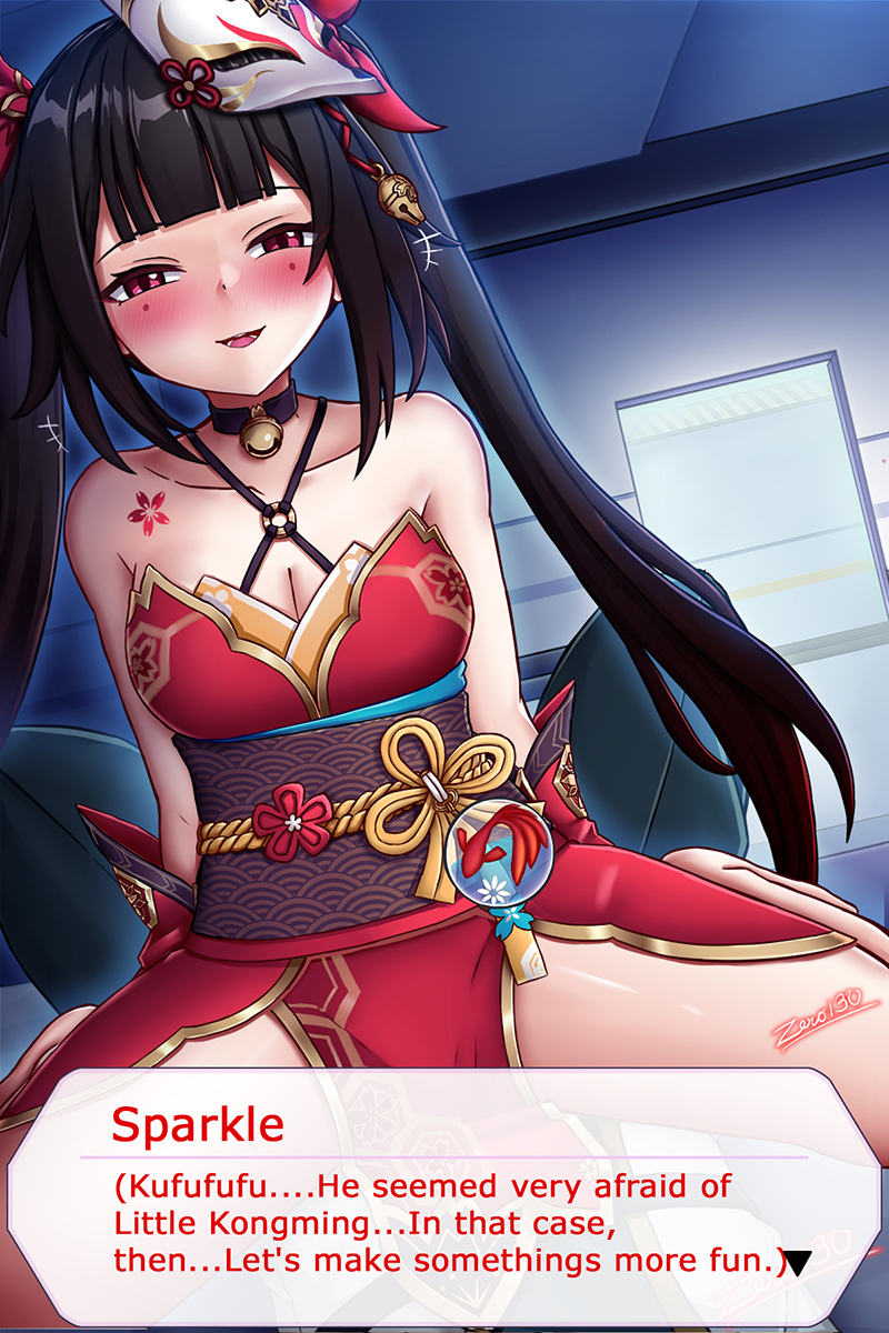 zero130, captain (honkai impact), sparkle (honkai: star rail), honkai: star rail, honkai (series), honkai impact 3rd, highres, 1boy, 1girl, :d, bare shoulders, black hair, black pants, breasts, china dress, chinese clothes, cleavage, closed mouth, cosplay, cowgirl position, detached sleeves, dress, halloween, hetero, looking at viewer, lying, mask, mask on head, on back, open mouth, pants, pink eyes, red dress, red sleeves, smile, straddling, twintails