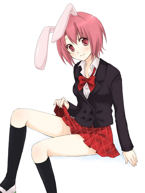 usashiro mani, character request, copyright request, 1girl, animal ears, black jacket, black socks, blush, bow, bowtie, breasts, closed mouth, clothes lift, female focus, hand up, happy, jacket, kneehighs, lifting own clothes, light blush, long sleeves, looking at viewer, matching hair/eyes, medium breasts, miniskirt, pink eyes, pink hair, pleated skirt, rabbit ears, rabbit girl, red bow, red bowtie, red skirt, school uniform, shirt, shoes, short hair, simple background, sitting, skirt, skirt lift, smile, socks, solo, white background, white shirt, white shoes
