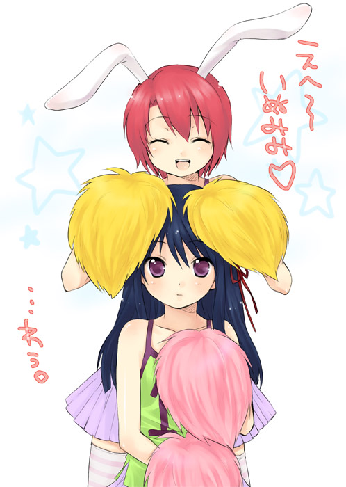 usashiro mani, pink legwear, striped legwear, character request, copyright request, translation request, 2girls, animal ears, bare shoulders, blue hair, blush, cheerleader, closed eyes, collarbone, expressionless, female focus, flat chest, green shirt, hand up, happy, heart, holding, japanese text, light blush, long hair, looking at viewer, miniskirt, multiple girls, open mouth, parted lips, pink hair, pleated skirt, pom pom (cheerleading), purple eyes, purple skirt, rabbit ears, rabbit girl, shirt, short hair, simple background, skirt, sleeveless, sleeveless shirt, smile, spaghetti strap, spoken heart, standing, thighhighs, upper body, white background, zettai ryouiki